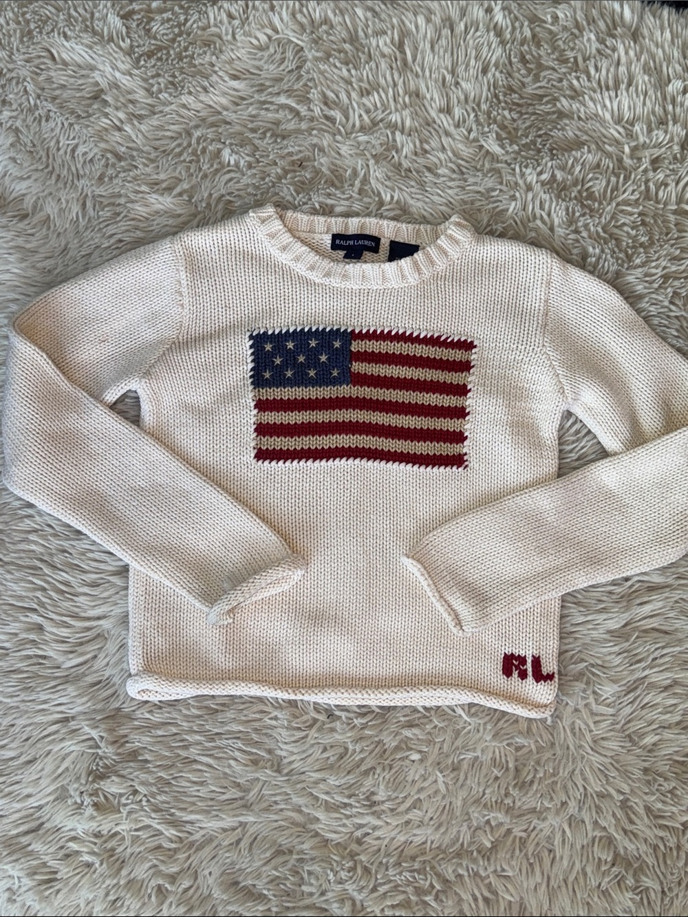 🇺🇸 Ralph Lauren Cream Knit Sweater with Flag Motif girls small